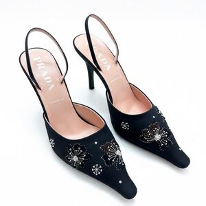 Vintage Prada Embroidered Slingback Heels Y2K Prada Floral Pumps Made in Italy